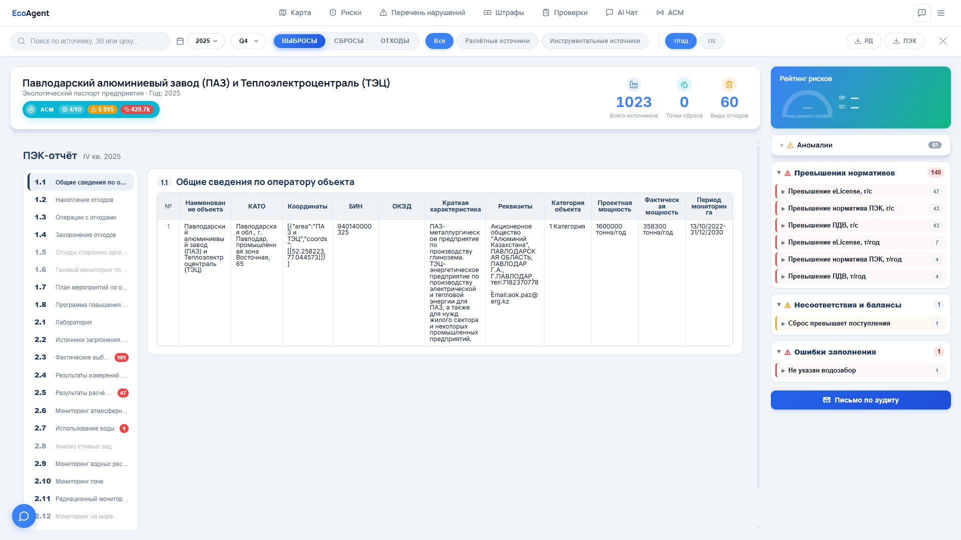 Экологический паспорт и аналитика производственного экологического контроля